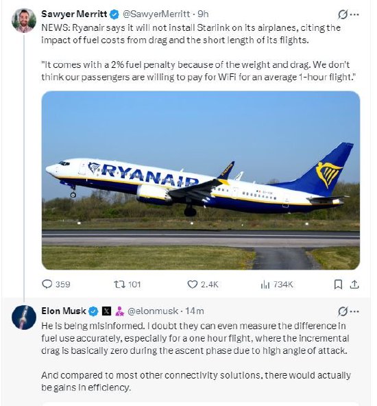 马斯克回应瑞安航空拒绝在其飞机上安装星链系